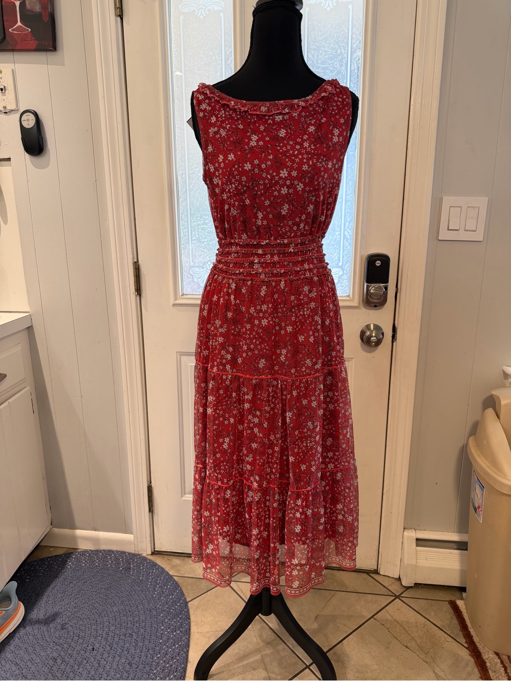 Max Studio Red Floral Sleeveless Tiered Midi Dress